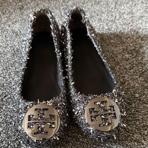 Tory Burch Black Tweed Logo Ballet Flats